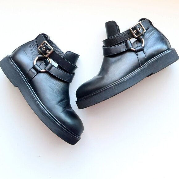 Twin-Set by Simona Barbieri Black Leather Platform Flat Ankle Boots Booties 7.5